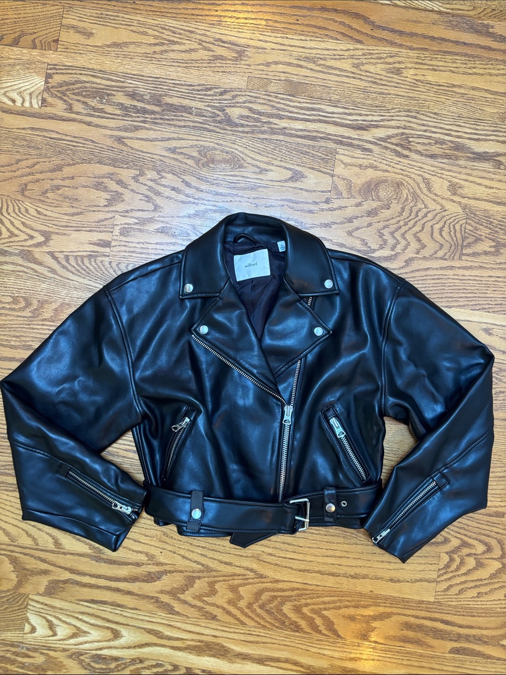 Wilfred Black Faux Leather Cropped Moto Jacket with Belt